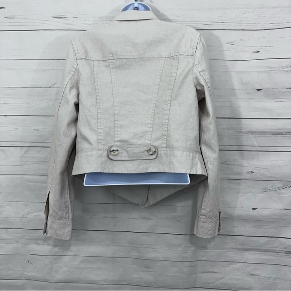 CAbi Cream 100% Linen Ruffled Asymmetrical Crop Button Jacket - Picture 11 of 16